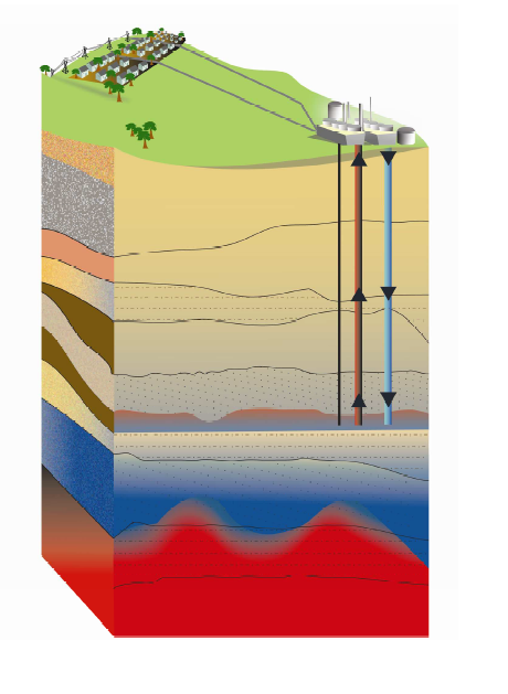 Schematic representation of a direct heat geothermal plant, incorporating a slim-line exploration well (black), and extraction (brown) and reinjection (blue) production wells.
